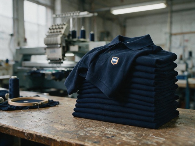 Pila de una docena de camisas polo azul marino iguales recién bordadas sobre la mesa del taller, con una encima a medio doblar que muestra el emblema del pecho, un bastidor con tela al lado y la bordadora al fondo.